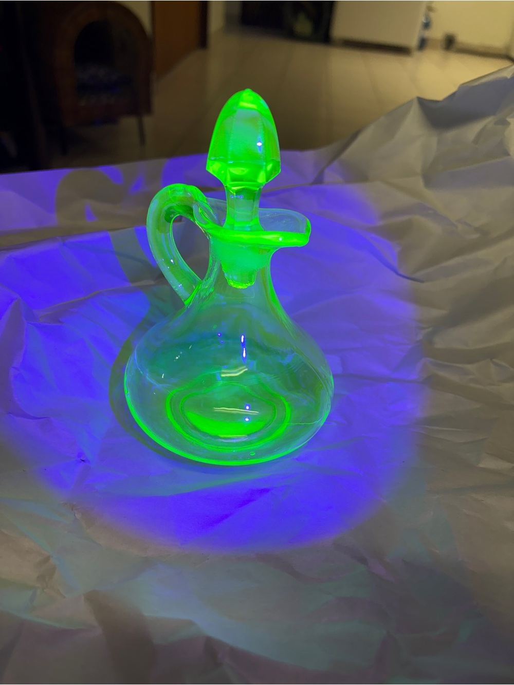 Vintage Uranium Vaseline Glass Cruet with Stopper UV Reactive